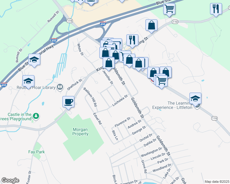 map of restaurants, bars, coffee shops, grocery stores, and more near 49 Jennifer Street in Littleton