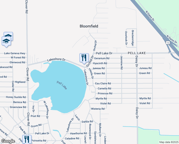 map of restaurants, bars, coffee shops, grocery stores, and more near N1435 Thistle Drive in Genoa City