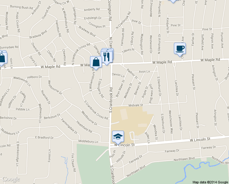 map of restaurants, bars, coffee shops, grocery stores, and more near 421 S Cranbrook Rd in Birmingham