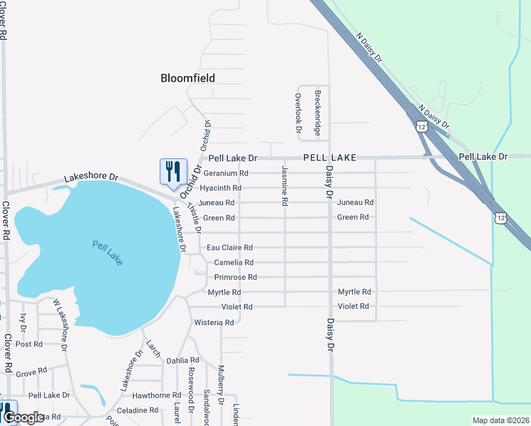 map of restaurants, bars, coffee shops, grocery stores, and more near W978 Green Road in Genoa City