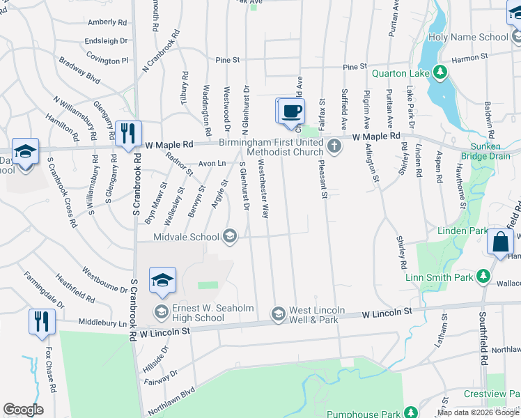 map of restaurants, bars, coffee shops, grocery stores, and more near 466 Westchester Way in Birmingham