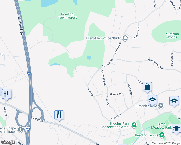 map of restaurants, bars, coffee shops, grocery stores, and more near 529 Franklin Street in Reading