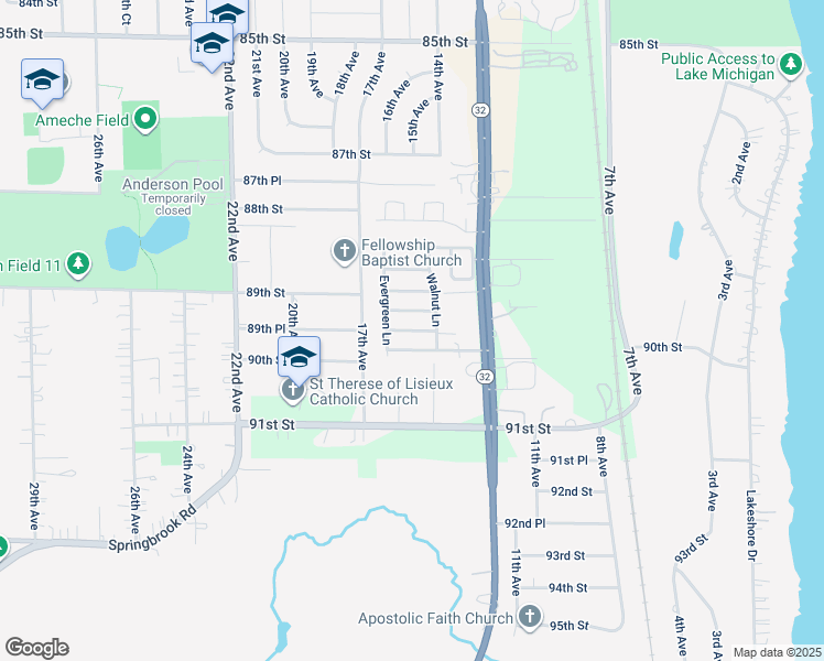 map of restaurants, bars, coffee shops, grocery stores, and more near Maple Lane in Kenosha