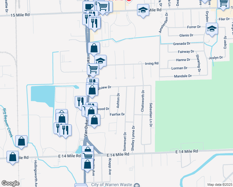 map of restaurants, bars, coffee shops, grocery stores, and more near 33847 Ashton Drive in Sterling Heights