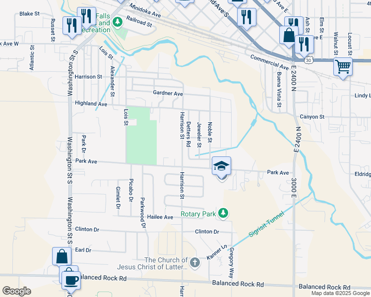 map of restaurants, bars, coffee shops, grocery stores, and more near 438 Watchmaker Street in Twin Falls