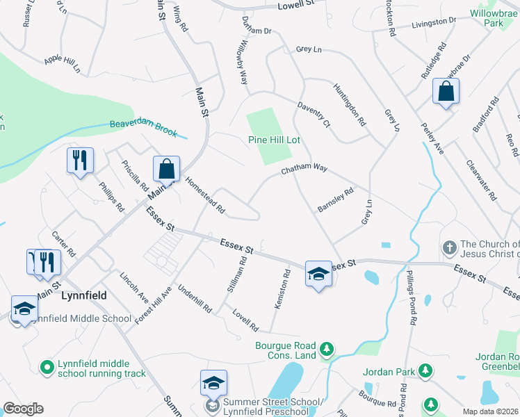 map of restaurants, bars, coffee shops, grocery stores, and more near 35 Homestead Road in Lynnfield