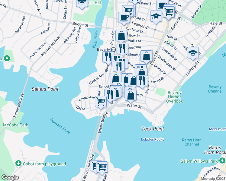 map of restaurants, bars, coffee shops, grocery stores, and more near 25 Cox Court in Beverly