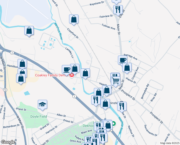 map of restaurants, bars, coffee shops, grocery stores, and more near 23 Crawford Street in Leominster