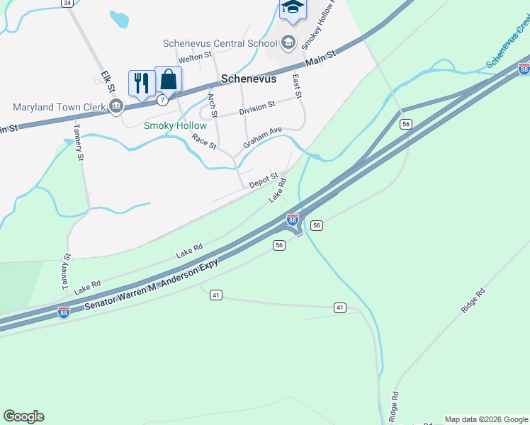 map of restaurants, bars, coffee shops, grocery stores, and more near 418 Lake Road in Schenevus