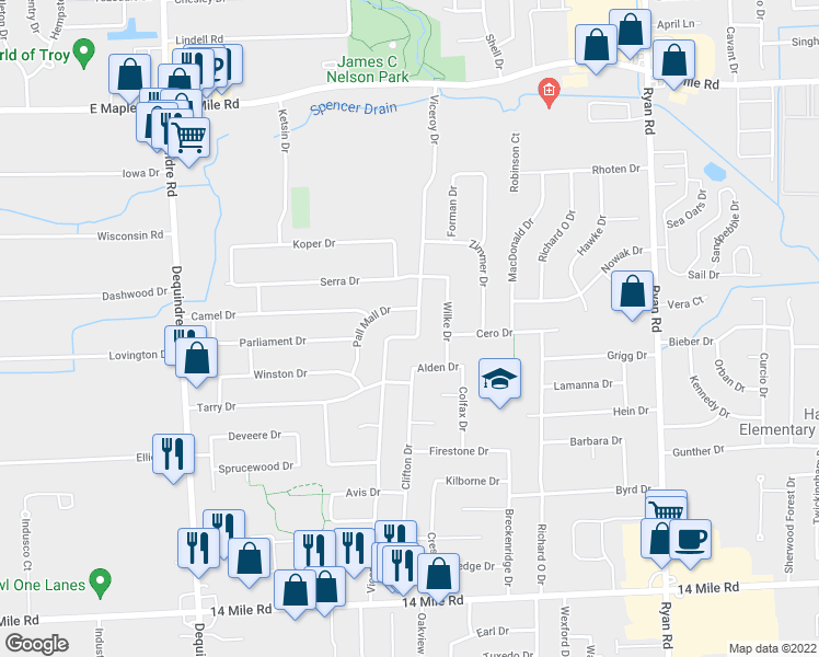 map of restaurants, bars, coffee shops, grocery stores, and more near 34051 Viceroy Drive in Sterling Heights
