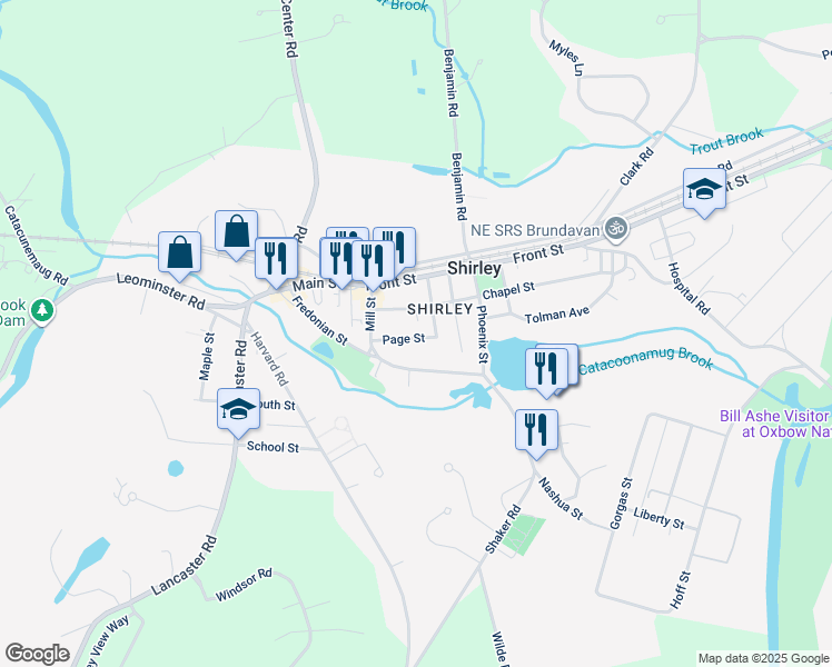 map of restaurants, bars, coffee shops, grocery stores, and more near 18 Page Street in Shirley