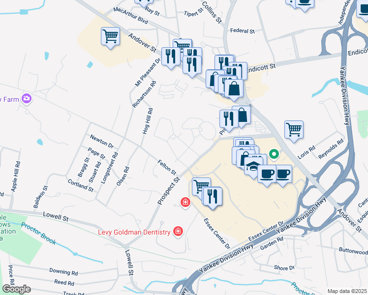 map of restaurants, bars, coffee shops, grocery stores, and more near 38 Keyes Drive in Peabody