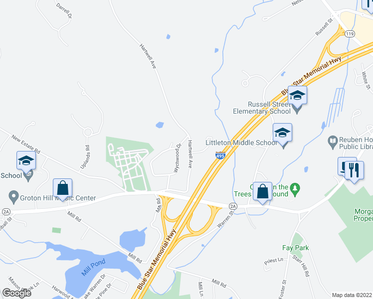 map of restaurants, bars, coffee shops, grocery stores, and more near 32 Hartwell Avenue in Littleton