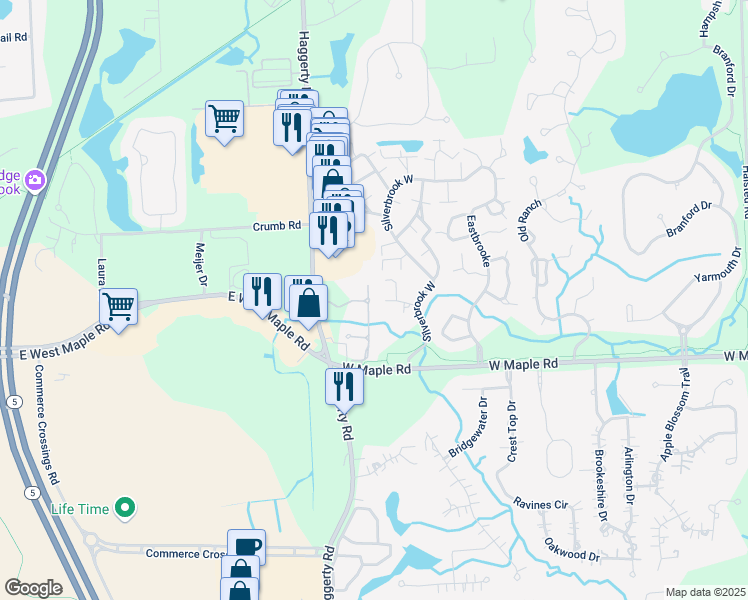 map of restaurants, bars, coffee shops, grocery stores, and more near 6597 Berry Creek Lane in West Bloomfield Township