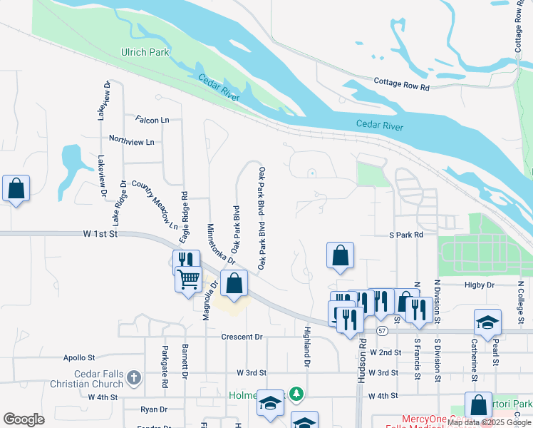 map of restaurants, bars, coffee shops, grocery stores, and more near 629 Oak Park Boulevard in Cedar Falls