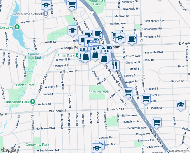 map of restaurants, bars, coffee shops, grocery stores, and more near 660 Purdy Street in Birmingham