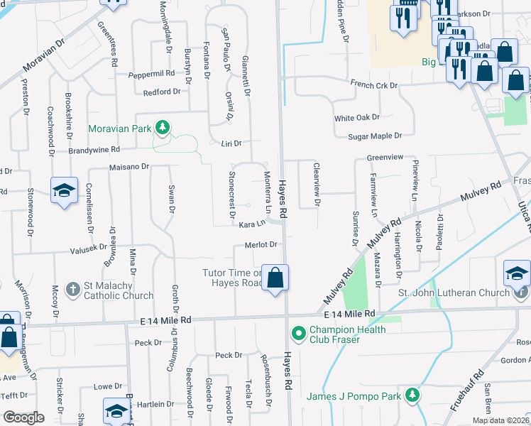 map of restaurants, bars, coffee shops, grocery stores, and more near 33613 Monterra Ln in Sterling Heights