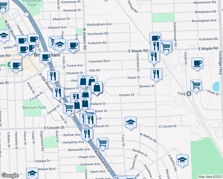 map of restaurants, bars, coffee shops, grocery stores, and more near 1436 Bowers Street in Birmingham