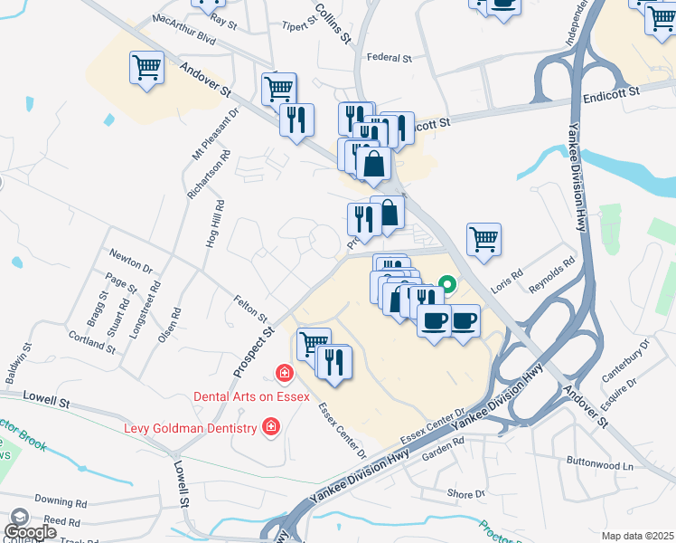 map of restaurants, bars, coffee shops, grocery stores, and more near 74 Prospect Street in Peabody