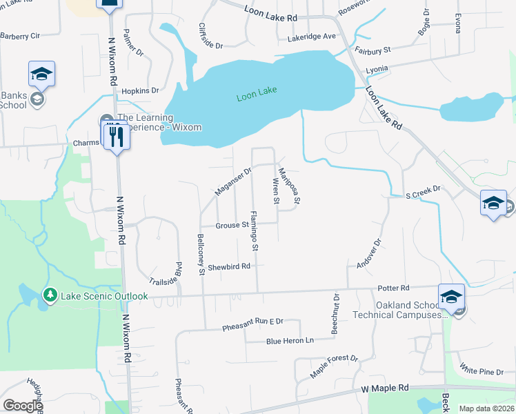 map of restaurants, bars, coffee shops, grocery stores, and more near 1442 Flamingo Street in Wixom