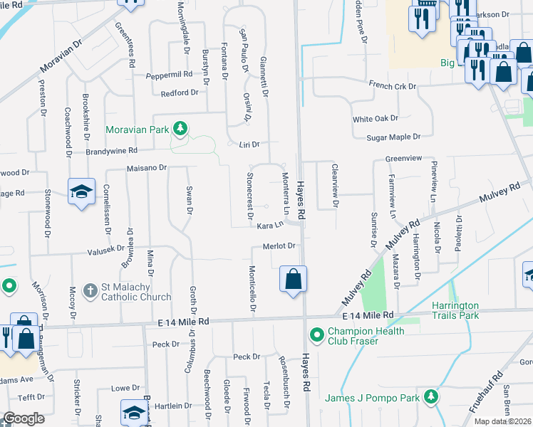 map of restaurants, bars, coffee shops, grocery stores, and more near 33640 Stonecrest Drive in Sterling Heights
