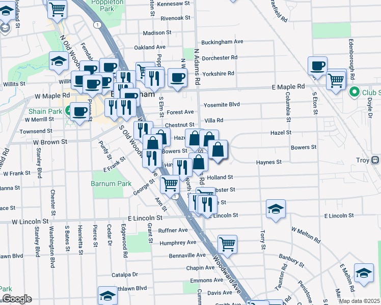 map of restaurants, bars, coffee shops, grocery stores, and more near 1010 Bowers Street in Birmingham