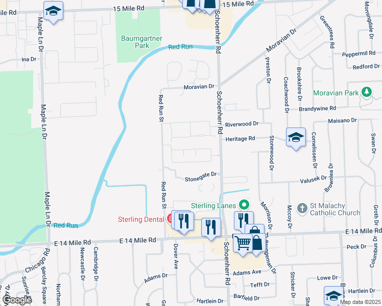 map of restaurants, bars, coffee shops, grocery stores, and more near 13340 Highland Circle in Sterling Heights