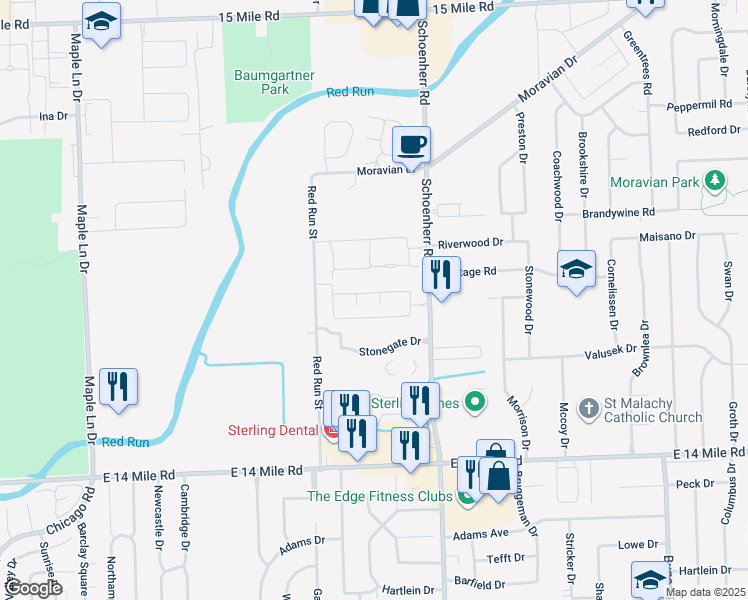 map of restaurants, bars, coffee shops, grocery stores, and more near 13340 Highland Circle in Sterling Heights