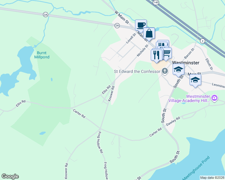 map of restaurants, bars, coffee shops, grocery stores, and more near 6 Knower Road in Westminster