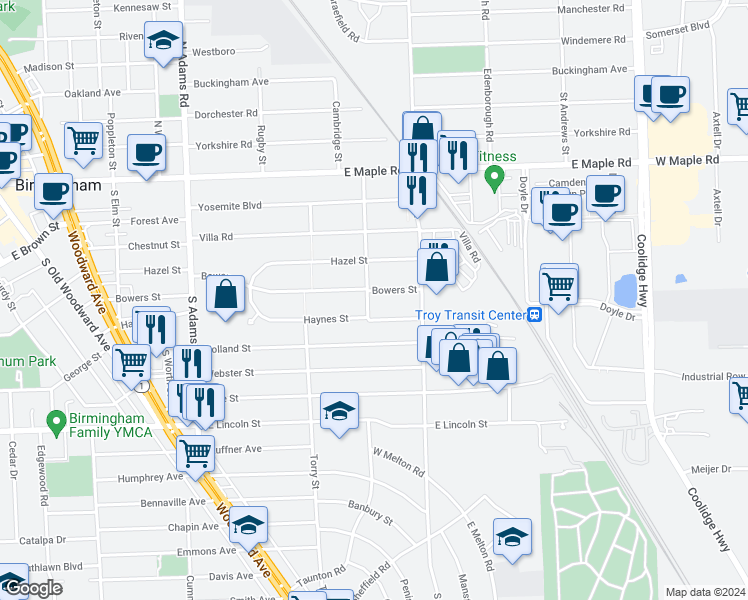map of restaurants, bars, coffee shops, grocery stores, and more near 1812 Bowers Street in Birmingham