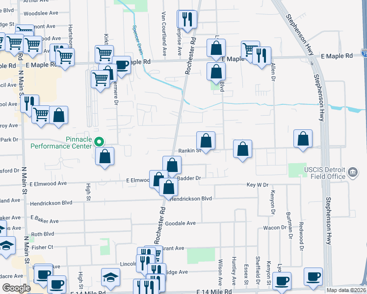 map of restaurants, bars, coffee shops, grocery stores, and more near 931 Rankin Dr in Troy