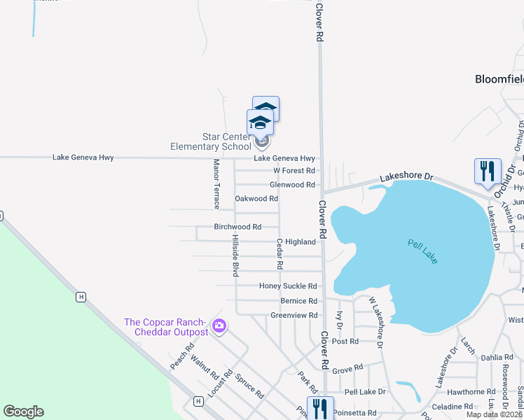 map of restaurants, bars, coffee shops, grocery stores, and more near W1372 Hollywood Road in Genoa City