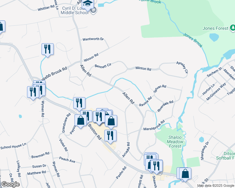 map of restaurants, bars, coffee shops, grocery stores, and more near 179 Allen Rd in Billerica