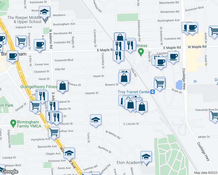 map of restaurants, bars, coffee shops, grocery stores, and more near 1860 Bowers Street in Birmingham