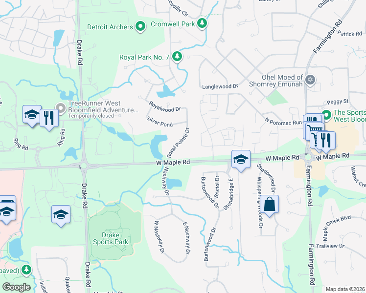 map of restaurants, bars, coffee shops, grocery stores, and more near 6445 Royal Pointe Drive in West Bloomfield Township