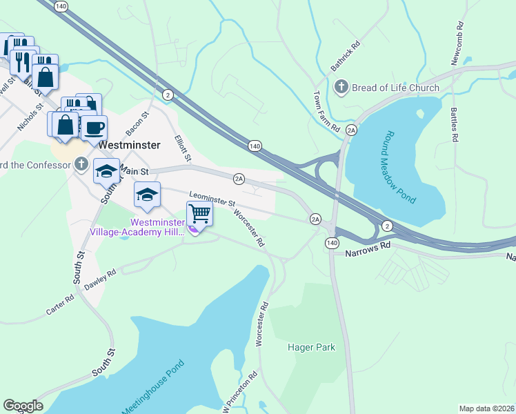 map of restaurants, bars, coffee shops, grocery stores, and more near 48 Leominster Street in Westminster