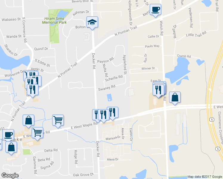 map of restaurants, bars, coffee shops, grocery stores, and more near 1778 Swaney Road in Walled Lake