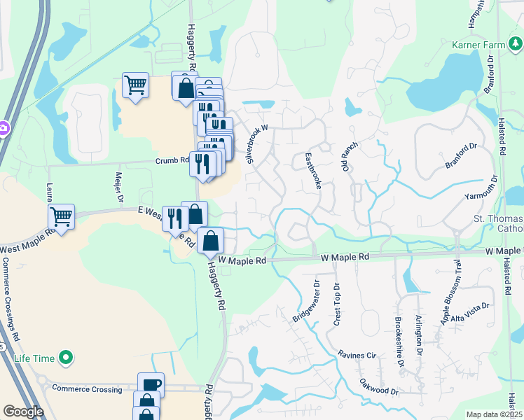 map of restaurants, bars, coffee shops, grocery stores, and more near 6416 Silverbrook West in Oakland County