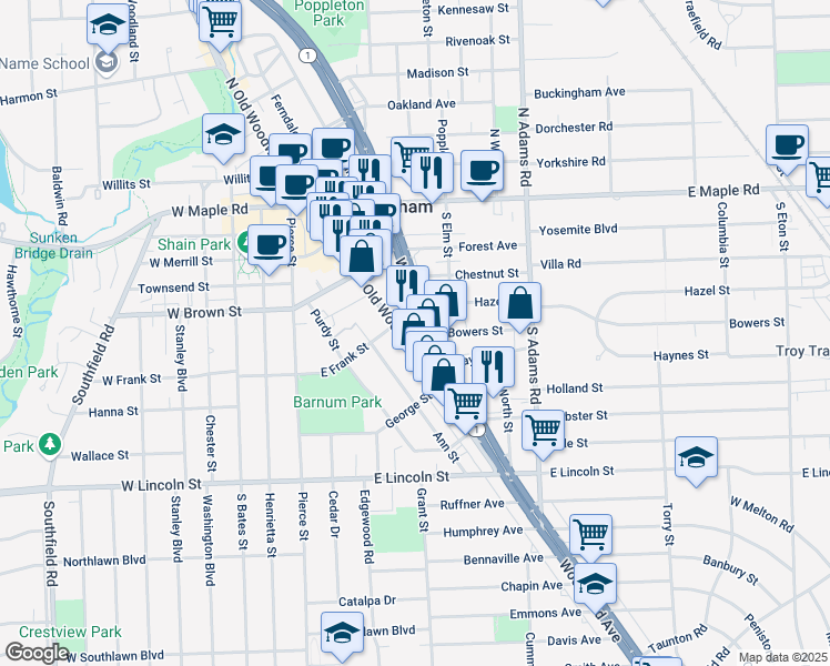 map of restaurants, bars, coffee shops, grocery stores, and more near 555 South Old Woodward Avenue in Birmingham