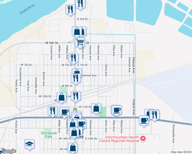map of restaurants, bars, coffee shops, grocery stores, and more near 800 Normal Avenue in Burley