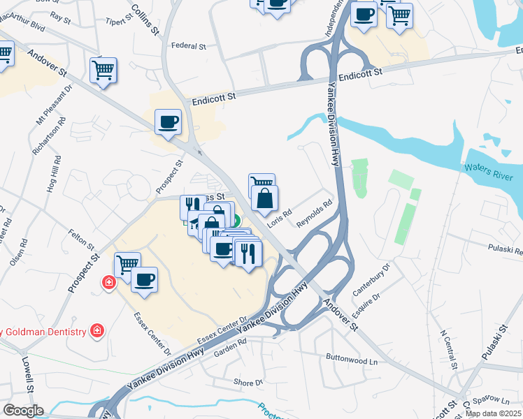 map of restaurants, bars, coffee shops, grocery stores, and more near 175 Andover Street in Peabody