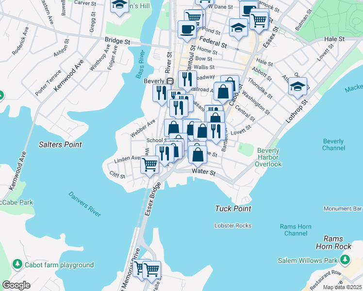 map of restaurants, bars, coffee shops, grocery stores, and more near 8 School Street in Beverly