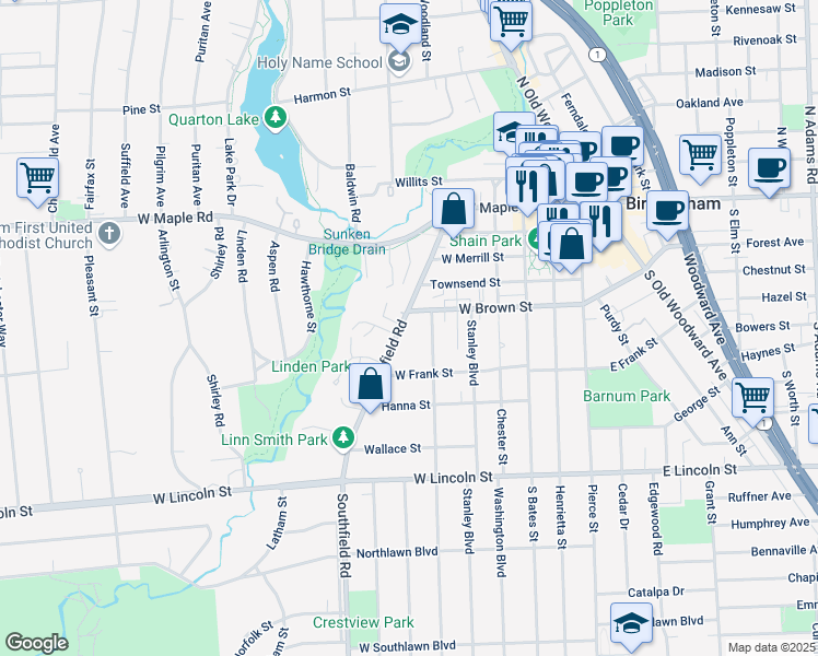 map of restaurants, bars, coffee shops, grocery stores, and more near 547 Southfield Road in Birmingham