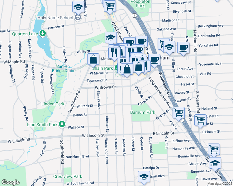 map of restaurants, bars, coffee shops, grocery stores, and more near 551 South Bates Street in Birmingham
