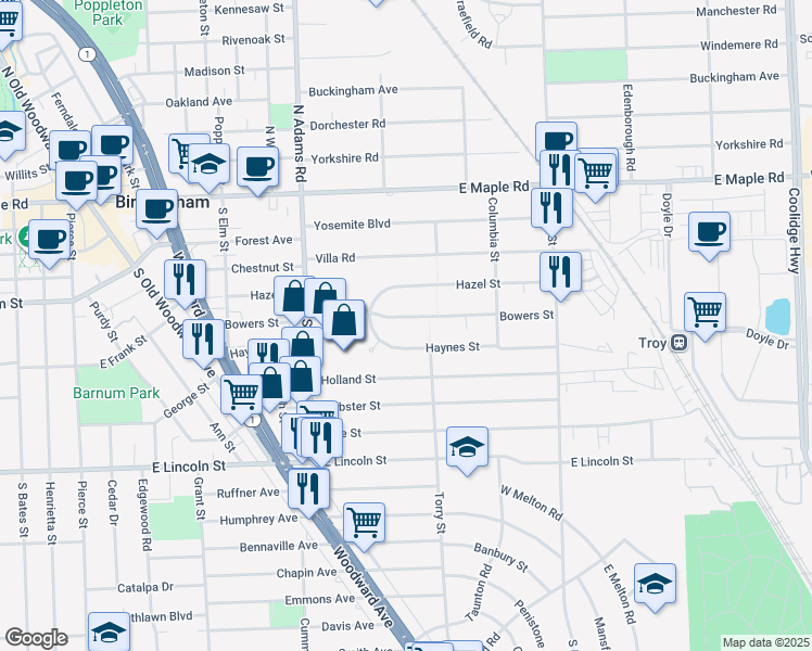 map of restaurants, bars, coffee shops, grocery stores, and more near 1436 Bowers Street in Birmingham