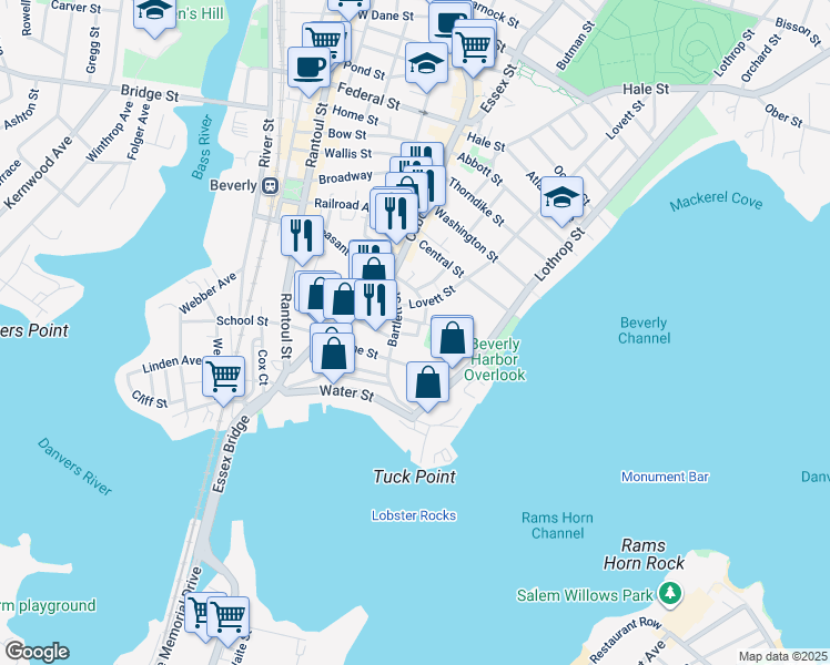 map of restaurants, bars, coffee shops, grocery stores, and more near 15 Fossa Terrace in Beverly