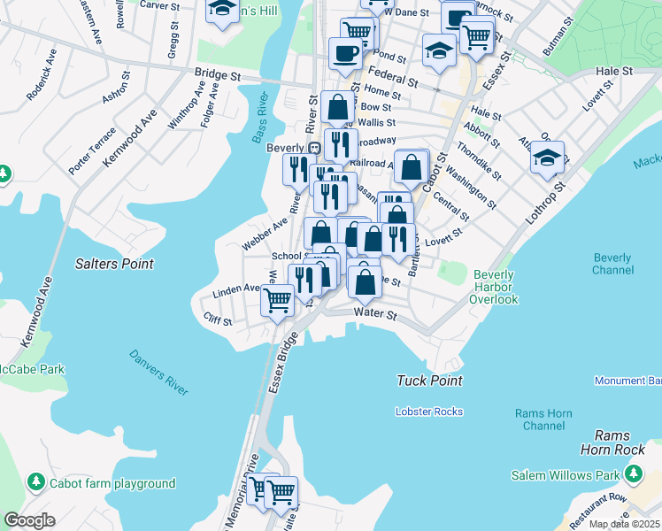 map of restaurants, bars, coffee shops, grocery stores, and more near 25 Cox Court in Beverly