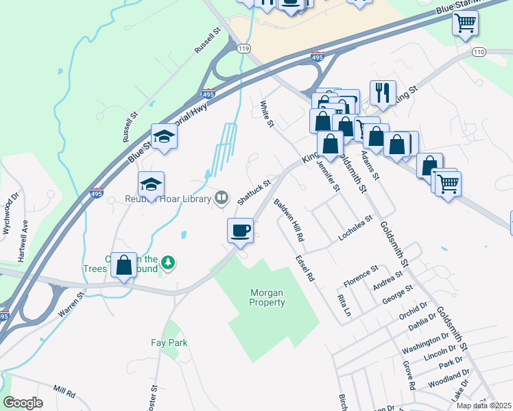 map of restaurants, bars, coffee shops, grocery stores, and more near 28 Shattuck Street in Littleton