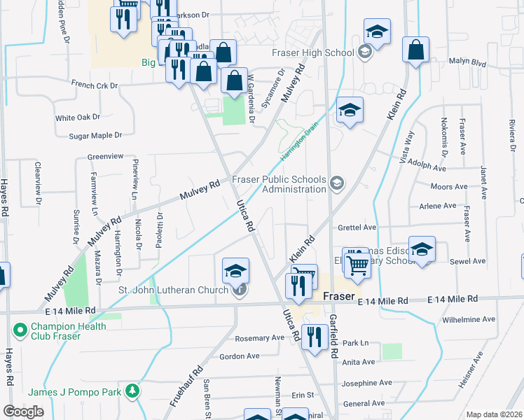 map of restaurants, bars, coffee shops, grocery stores, and more near 33400 Utica Road in Fraser