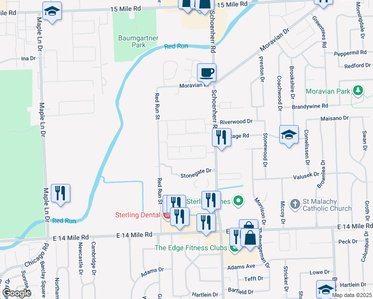 map of restaurants, bars, coffee shops, grocery stores, and more near 13340 Highland Circle in Sterling Heights